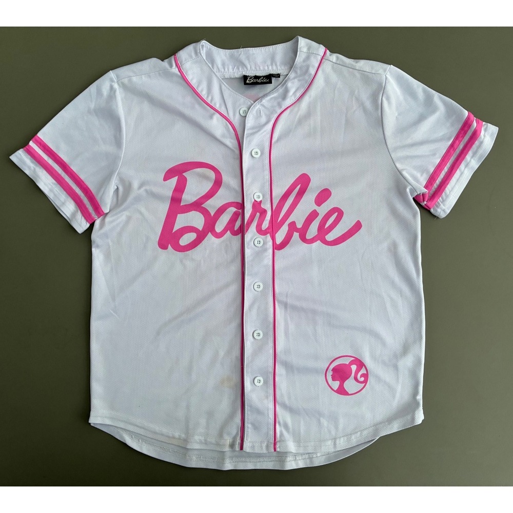Barbie California Baseball Jersey White Pink Button Up Mesh Top Medium Blokette